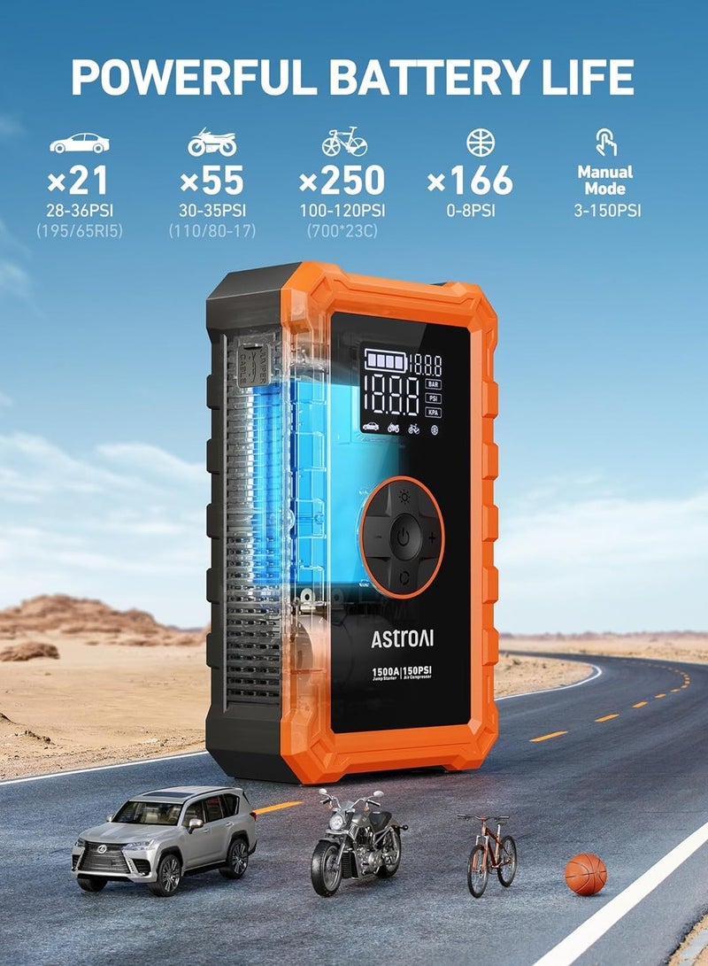 AstroAI S8 Air Jump Starter with Air Compressor, 1500A Car Battery Jumper Starter Portable (6.0 Gas/3.0L Diesel) with 150PSI Cordless Auto-Shutoff Tire Inflator, 12V Battery Charger Booster(Orange)  - Image 5
