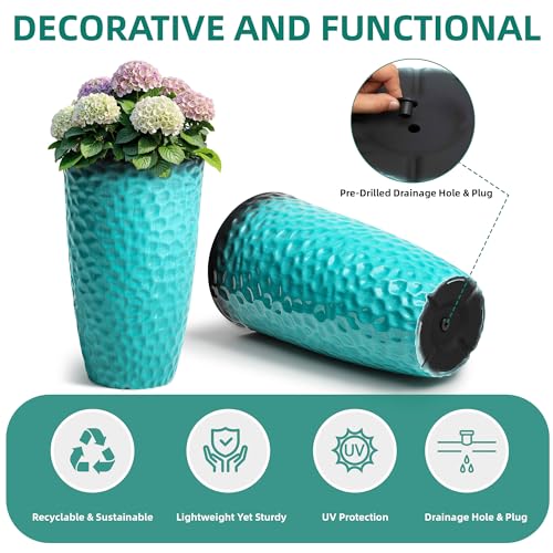 Ultym 23.75" H Large Tall Outdoor Planters, Set of 2 Plastic Large Flower Pots for Outdoor Plants, with Turquoise Teal Honeycomb Texture, Weather-Resistant for Porch, Garden, Patio or Indoor Use - Image 5