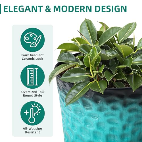 Ultym 23.75" H Large Tall Outdoor Planters, Set of 2 Plastic Large Flower Pots for Outdoor Plants, with Turquoise Teal Honeycomb Texture, Weather-Resistant for Porch, Garden, Patio or Indoor Use - Image 4