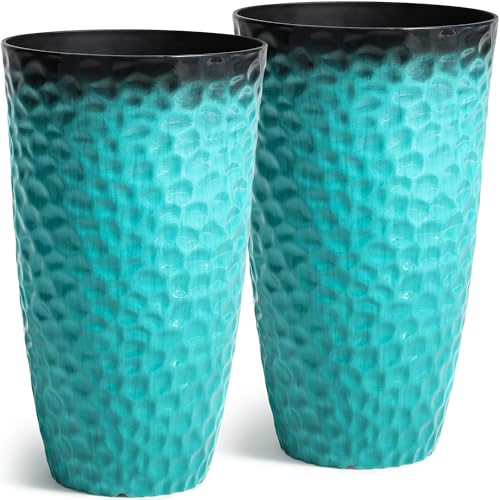 Ultym 23.75" H Large Tall Outdoor Planters, Set of 2 Plastic Large Flower Pots for Outdoor Plants, with Turquoise Teal Honeycomb Texture, Weather-Resistant for Porch, Garden, Patio or Indoor Use - Image 1