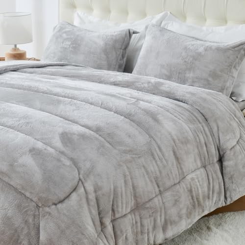 YIYEA Fluffy Queen Size Comforter Set, Luxury Faux Fur Comforter, Ultra Soft Plush Fuzzy Velvet Bedding Comforter Sets for Fall Winter, Cozy Warmth, No Shedding, 3PC, Queen, Light Grey - Image 2