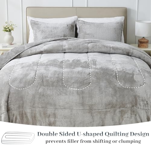 YIYEA Fluffy Queen Size Comforter Set, Luxury Faux Fur Comforter, Ultra Soft Plush Fuzzy Velvet Bedding Comforter Sets for Fall Winter, Cozy Warmth, No Shedding, 3PC, Queen, Light Grey - Image 5