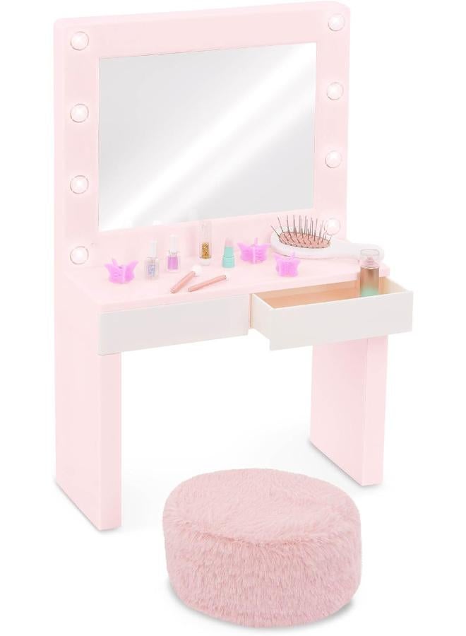 Our Generation Pink Vanity Table Playset - Light-up Mirror - Pretend Makeup & Styling Items - 18 inch Doll Accessories - Toys for Kids Ages 3 & Up - Glam & Glow Vanity Set - Image 4