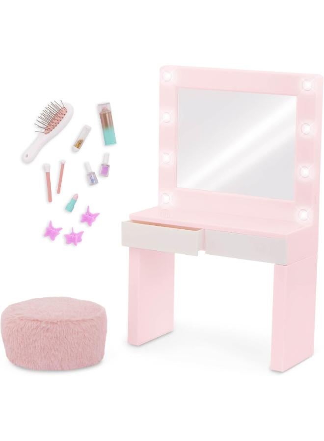 Our Generation Pink Vanity Table Playset - Light-up Mirror - Pretend Makeup & Styling Items - 18 inch Doll Accessories - Toys for Kids Ages 3 & Up - Glam & Glow Vanity Set - Image 2