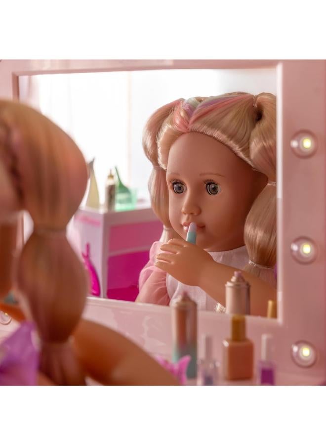Our Generation Pink Vanity Table Playset - Light-up Mirror - Pretend Makeup & Styling Items - 18 inch Doll Accessories - Toys for Kids Ages 3 & Up - Glam & Glow Vanity Set - Image 5