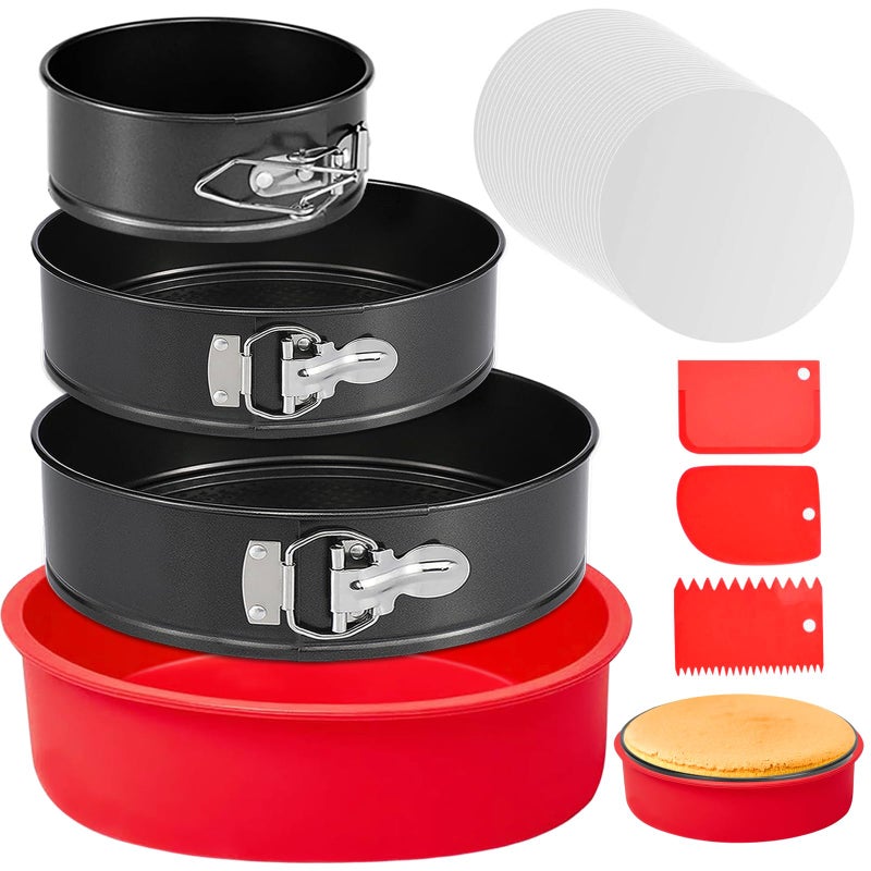 Molgree 4 7 9 Inch Springform Pan Set of 3, Leakproof Cheesecake Pan with Protector, Nonstick Spring Form Pans for Cheesecake, Round Cake Pans Sets for Baking with Removable Bottom and 50Pcs Parchment Paper - Image 1