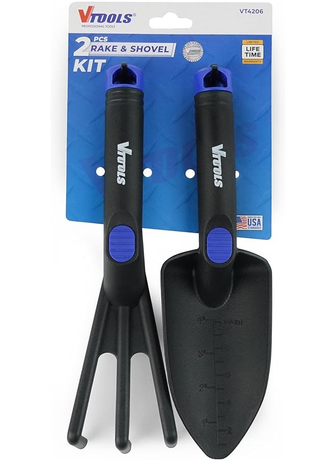 VTOOLS VTOOLS 2 PC Rake and Shovel Garden Tool Set, Soft Rubberized Non-Slip Ergonomic Handle, Heavy Duty Gardening Kit for Seedling Soil, Caring Succulent, Houseplant, Blue, VT4206  - Image 1