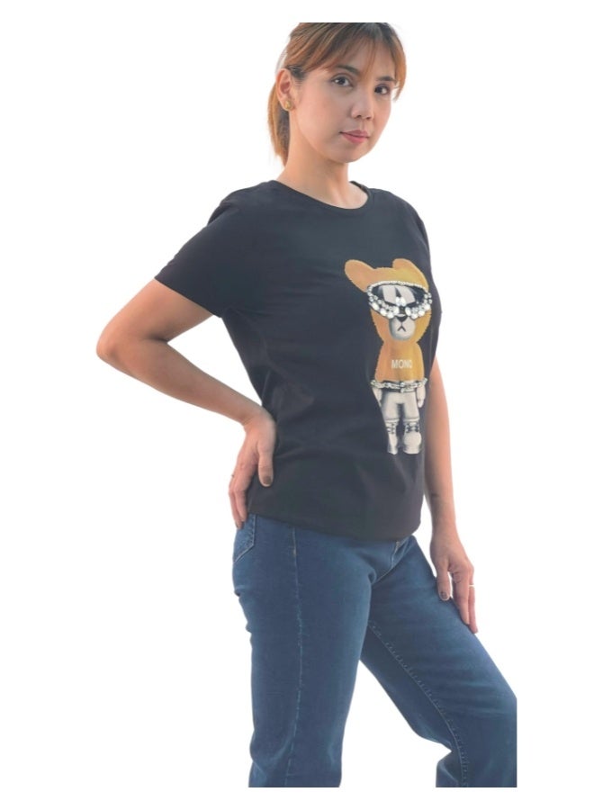 JOANNA JOANNA W203021 Women's Mono Bear Print Round Neck Short Sleeve T-Shirt - Black  - Image 2