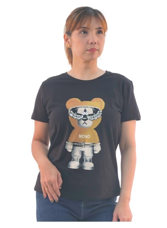 JOANNA JOANNA W203021 Women's Mono Bear Print Round Neck Short Sleeve T-Shirt - Black  - Image 1
