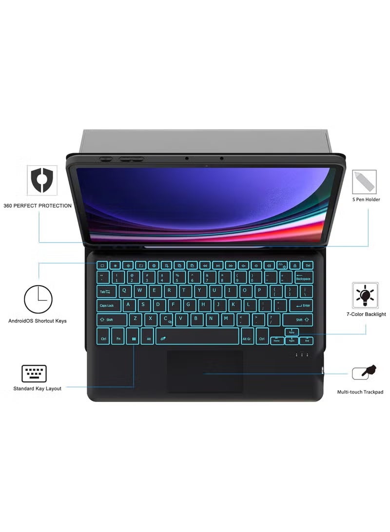 Tablet Keyboard for Samsung Galaxy Tab S9 FE  S9  S10 12.4  Keyboard Case 7 Colors Backlight Detachable Smart Tablet Keyboard Case with Touchpad  Tab S9 FE Plus  S9 Plus 12.4  Keyboard Case with S Pen Holder - Image 2