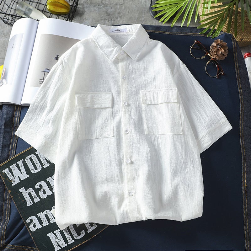 Trendy Brand Workwear Pocket Shirt for Men and Women Solid Color Couple Dress Half Sleeve Shirt Short Sleeve Summer Thin Casual Loose 9913# beige - Image 3