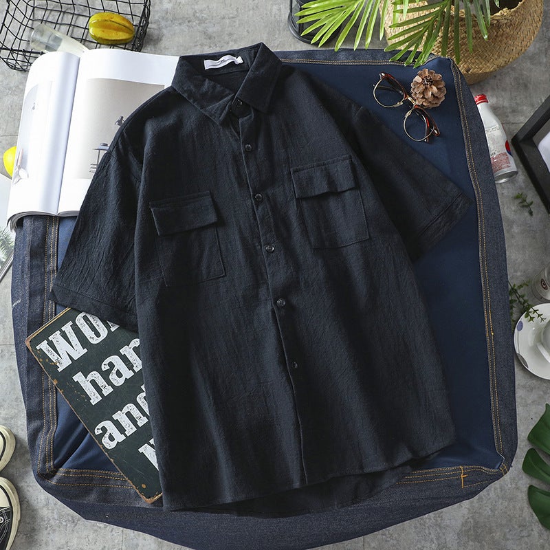 Trendy Brand Workwear Pocket Shirt for Men and Women Solid Color Couple Dress Half Sleeve Shirt Short Sleeve Summer Thin Casual Loose 9913# beige - Image 2