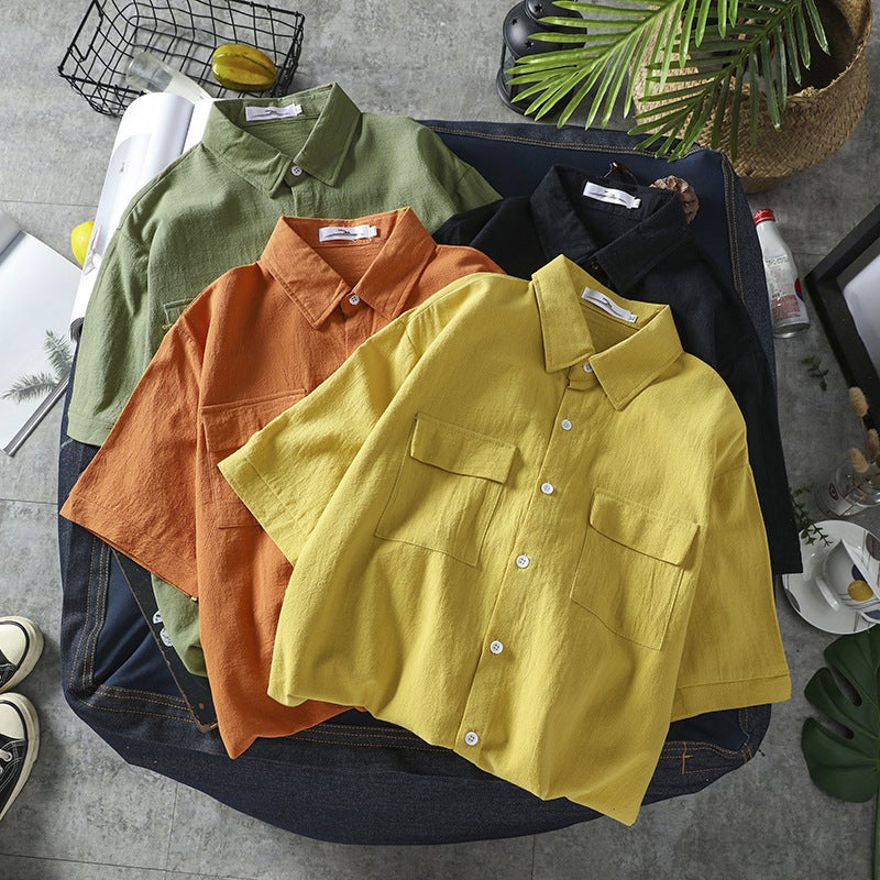 Trendy Brand Workwear Pocket Shirt for Men and Women Solid Color Couple Dress Half Sleeve Shirt Short Sleeve Summer Thin Casual Loose 9913# beige - Image 5