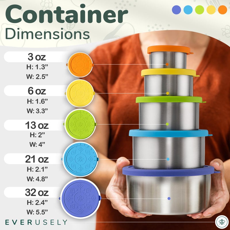 Everusely - Stainless Steel Containers with Lids - Set of 5, Summer Collection - Leakproof Stainless Steel Food Containers - Nesting Snack Holders - Metal Lunch Box - Portable & Reusable Meal Kit - Image 2