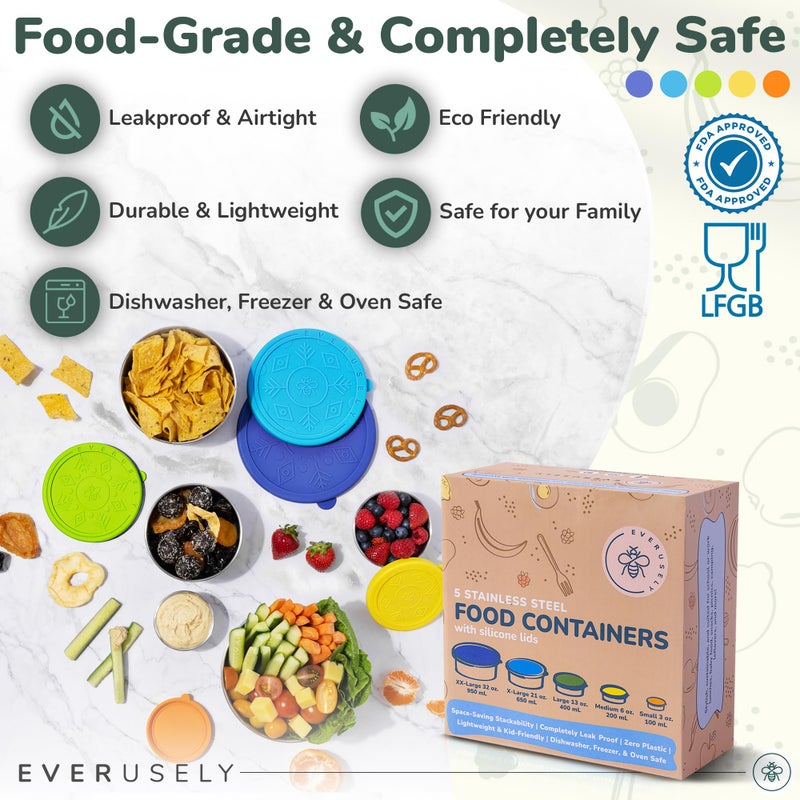 Everusely - Stainless Steel Containers with Lids - Set of 5, Summer Collection - Leakproof Stainless Steel Food Containers - Nesting Snack Holders - Metal Lunch Box - Portable & Reusable Meal Kit - Image 4