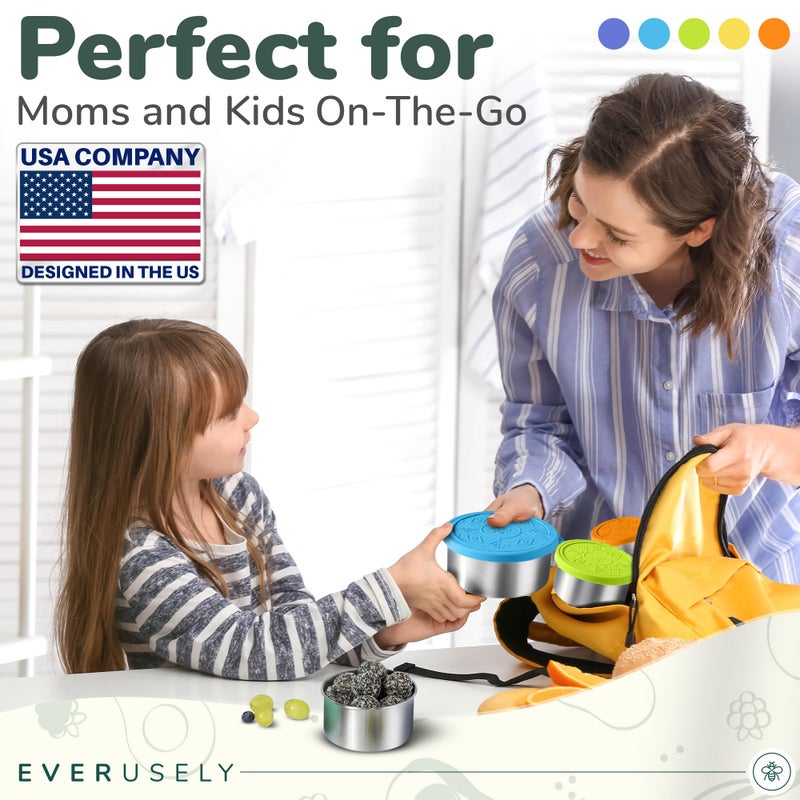 Everusely - Stainless Steel Containers with Lids - Set of 5, Summer Collection - Leakproof Stainless Steel Food Containers - Nesting Snack Holders - Metal Lunch Box - Portable & Reusable Meal Kit - Image 3