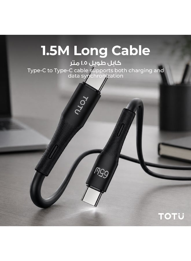 Totu 65W Type-C to Type-C Fast Charging Data & Sync Cable (1.5M, Black) – PD Fast Charging, Tangle-Free TPE & Silicone Wire for Laptops, Tablets & Smartphones - Black - Image 5