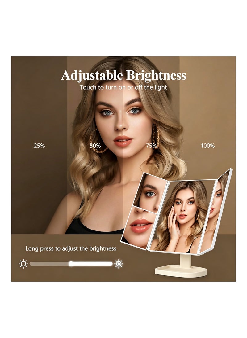 مرآة مكياج LED ثلاثية الطي مع تكبير 3X/5X، ٣ أوضاع إضاءة ملونة، سطوع قابل للتعديل بالتحكم باللمس، مرآة زينة قابلة للشحن عبر USB مع صينية تخزين للمكياج والعناية بالبشرة والجمال - Image 5