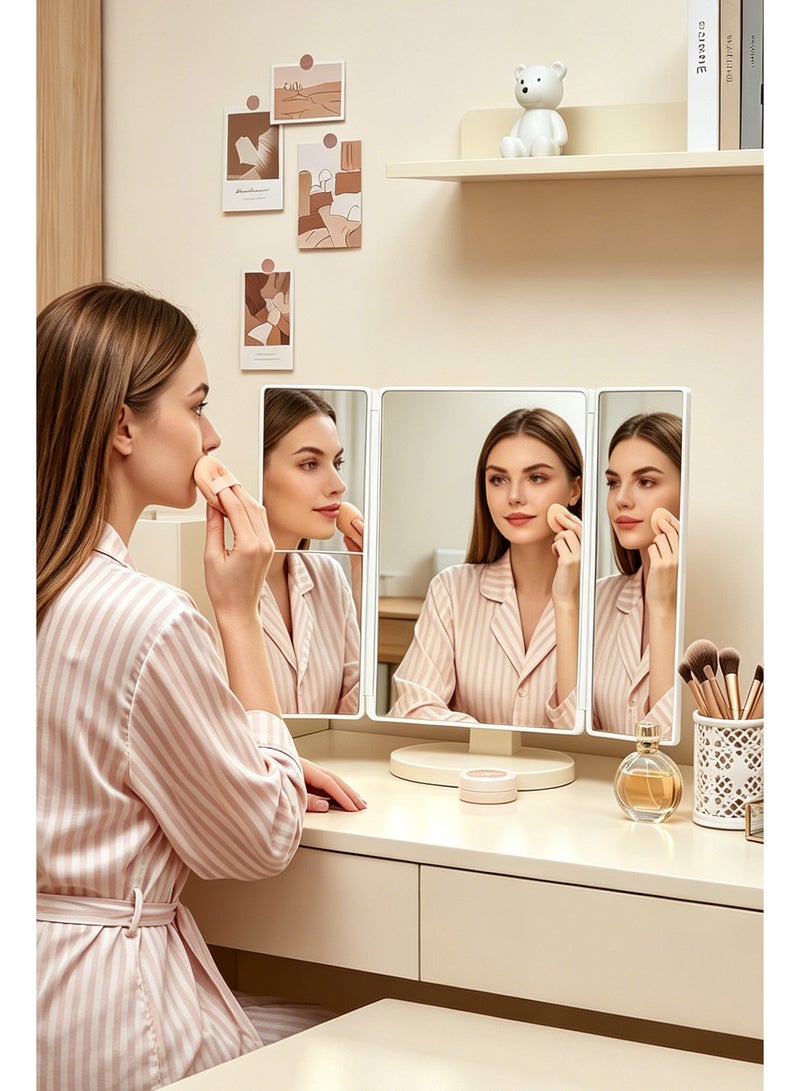 مرآة مكياج LED ثلاثية الطي مع تكبير 3X/5X، ٣ أوضاع إضاءة ملونة، سطوع قابل للتعديل بالتحكم باللمس، مرآة زينة قابلة للشحن عبر USB مع صينية تخزين للمكياج والعناية بالبشرة والجمال - Image 2