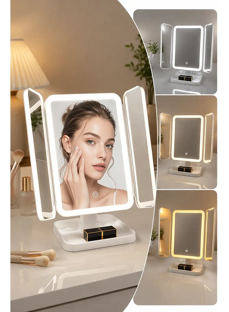 مرآة مكياج LED ثلاثية الطي مع تكبير 3X/5X، ٣ أوضاع إضاءة ملونة، سطوع قابل للتعديل بالتحكم باللمس، مرآة زينة قابلة للشحن عبر USB مع صينية تخزين للمكياج والعناية بالبشرة والجمال - Image 3
