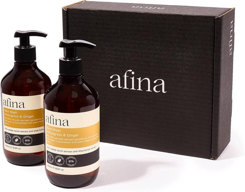 Afina Lemongrass Ginger Luxury Hand Wash 500mlx2 Hand Soap Bottle Lemon Bergamot Ginger Notes with a Deep Base of Musk Cedarwood Heliotrope Vegan Friendly Handwash UK Produced