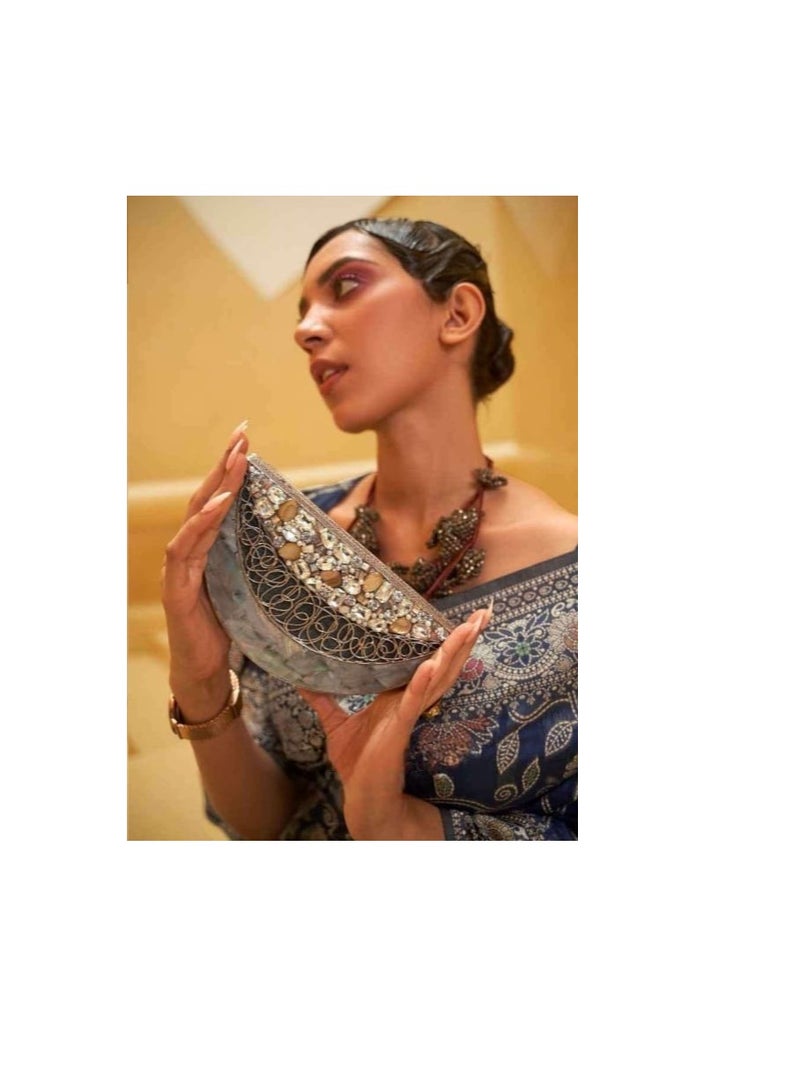 Grab Mantra Navy Blue Cotton Silk With Silver Floral Design Work Saree Plus Unstitched Blouse  - Image 2