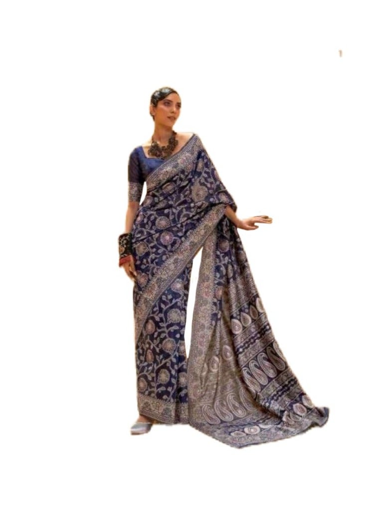 Grab Mantra Navy Blue Cotton Silk With Silver Floral Design Work Saree Plus Unstitched Blouse  - Image 1