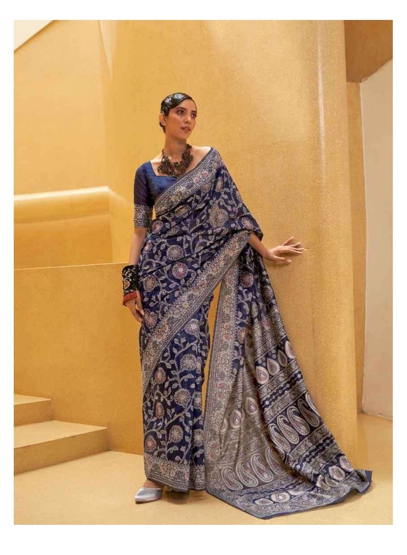 Grab Mantra Navy Blue Cotton Silk With Silver Floral Design Work Saree Plus Unstitched Blouse  - Image 3