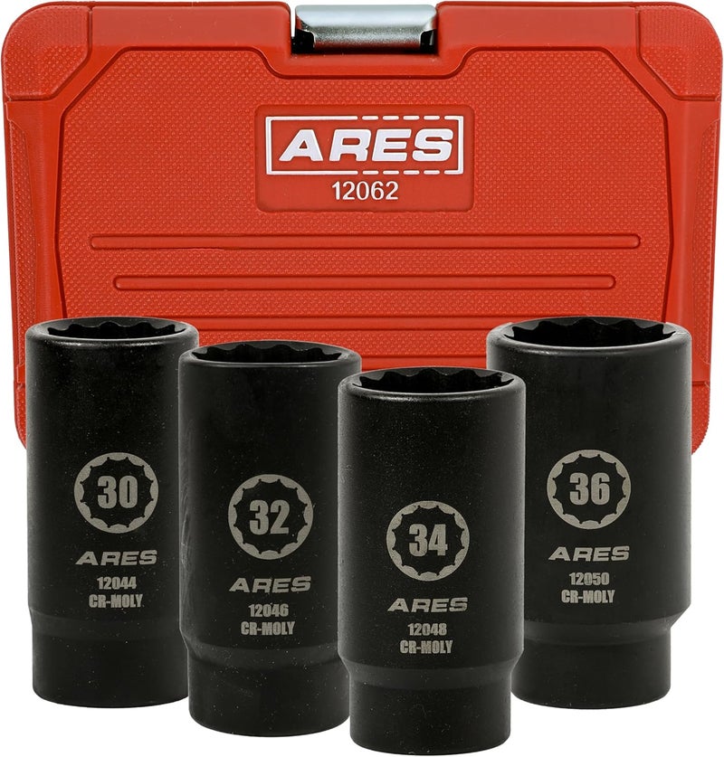 ARES 12062- مجموعة مفاتيح صمولة المحور 4 قطع - 30 مم، 32 مم، 34 مم، و36 مم - مفاتيح 12 نقطة - مفاتيح تأثير عميقة إضافية بحجم 1/2 بوصة لإزالة سهلة لصمامات المحور - Image 1