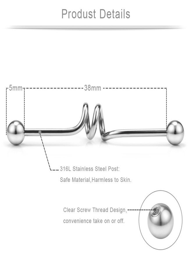 Ruifan 5PCS Industrial Barbell Earring Stainless Steel 14 Gauge Cartilage Earring Body Piercing 1 1/2 Inch(38mm)- Coil, Wave, Twister, Spiral,Heart(Steel) - Image 2