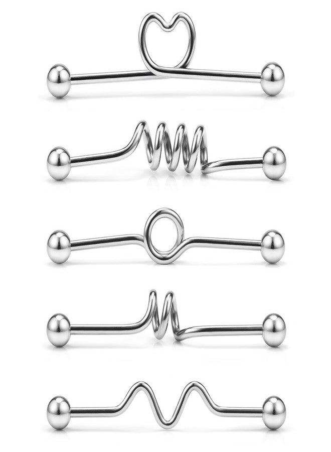 Ruifan 5PCS Industrial Barbell Earring Stainless Steel 14 Gauge Cartilage Earring Body Piercing 1 1/2 Inch(38mm)- Coil, Wave, Twister, Spiral,Heart(Steel) - Image 1
