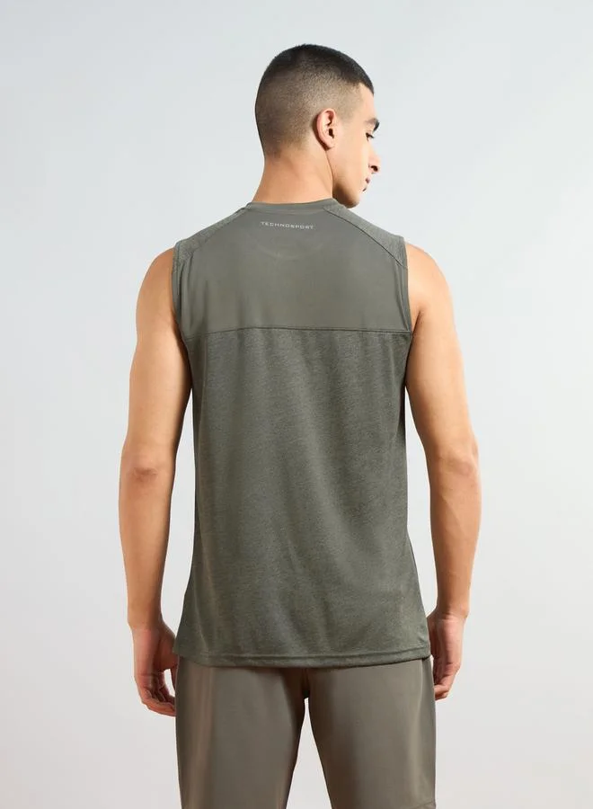 Technosport Men Solid Slim Fit Tank T-Shirt with Logo Print by Styli