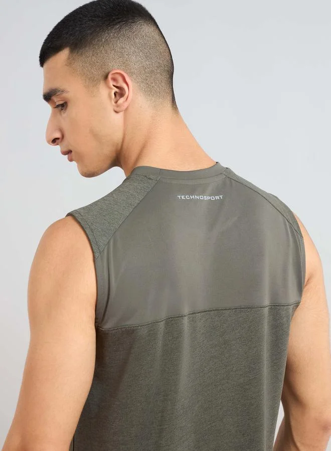 Technosport Men Solid Slim Fit Tank T-Shirt with Logo Print by Styli