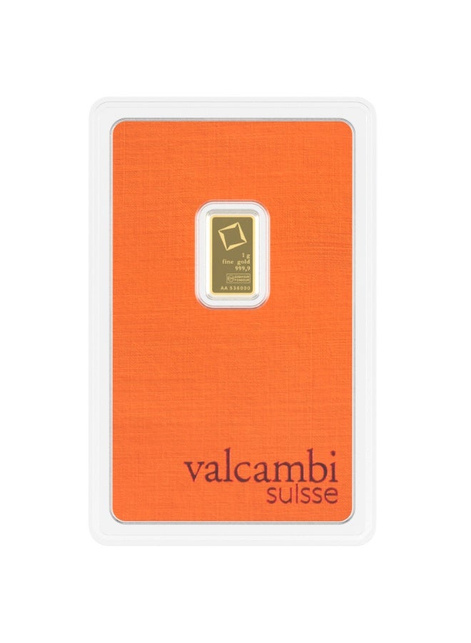 Valcambi 1g Gold Bar, 999.9 Fine Gold, Sealed Assay Packaging - Image 1