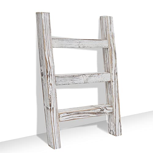 FUIN Wooden Tea Towel Ladder, Mini Ladder Towel Rack Display Hanger, Small Rustic Farmhouse Tea Towel Stand Holder for Country Bathroom Decor, White - Image 1