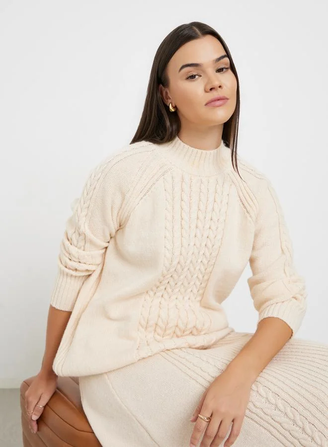 Beige Regular Fit Cable Knit Sweater