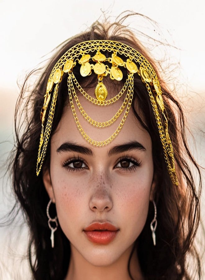 Urieo Boho Gold Head Chain Coin Headpiece Headband Belly Dance Hair Jewelry for Women - Image 2