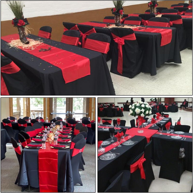 MASHAN 12Pack 12x108 Inch Satin Table Runner and 54x108Inch Plastic Tablecloths Set Black and Red Disposable Rectangle Table Cover for Graduation Wedding Bridal Shower Anniversary Birthday Party Decorations - Image 5
