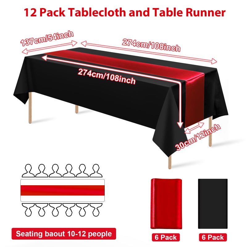 MASHAN 12Pack 12x108 Inch Satin Table Runner and 54x108Inch Plastic Tablecloths Set Black and Red Disposable Rectangle Table Cover for Graduation Wedding Bridal Shower Anniversary Birthday Party Decorations - Image 2