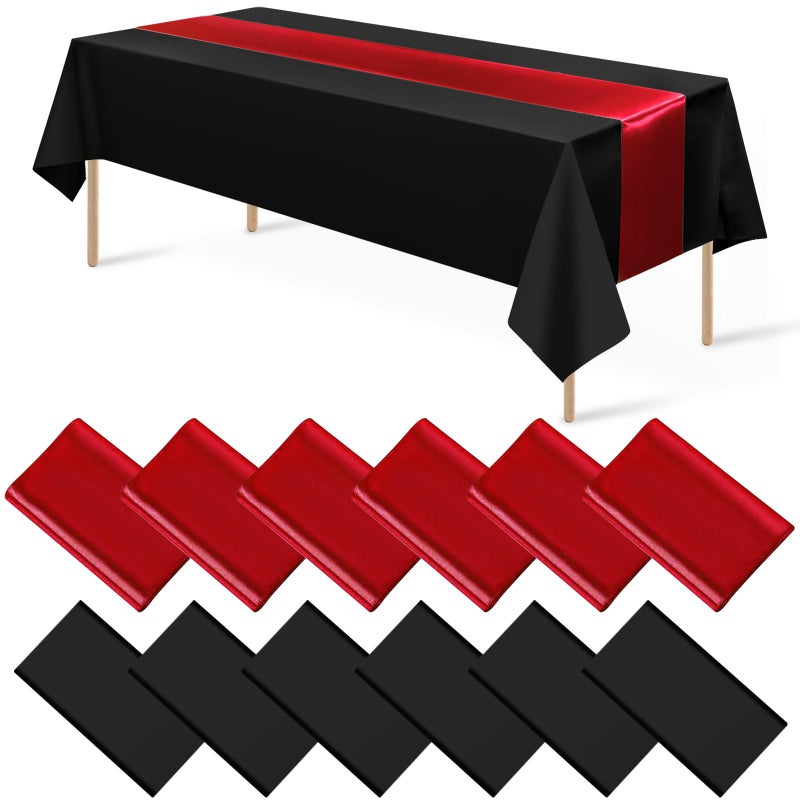 MASHAN 12Pack 12x108 Inch Satin Table Runner and 54x108Inch Plastic Tablecloths Set Black and Red Disposable Rectangle Table Cover for Graduation Wedding Bridal Shower Anniversary Birthday Party Decorations - Image 1