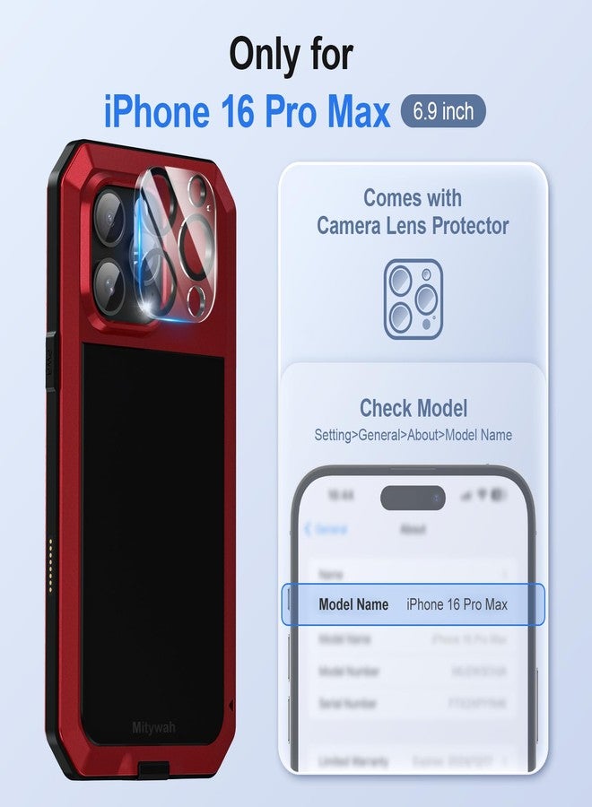 Mitywah Metal Case for iPhone 16 Pro Max, Aluminum Phone Case with 9H Screen Protector Military Grade Full Body Protection Heavy Duty Dual Layer Screw Bumper Protective Case for 16 Pro Max Red - Image 2
