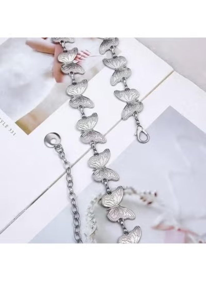 Silver Butterfly Chain Belt for Women, Adjustable One Size Butterfly Waist Chain, Women’s Silver Body Chain, Butterfly Link Belt, Silver Metal Belly Chain, Decorative Waist Belt for Dresses and Butterfly Link Waist Jewelry, Continuous Textured Embossed Butterfly Metal Links with Polished Gold Tone Finish, Lobster Claw Clasp, Open Oval Link Extender, Dangling Drape Chain and Circular Ring Charm, Waist and Hip Fashion Accessory for High or Low Waist Styling over Dresses, Bodycon Outfits, Skirts, Pants, Blouses and Swim Cover Ups, Evening Wear, Parties, Festivals, Beachwear, Vacations, Casual Fashion and Photoshoots, 1 Piece - Image 2