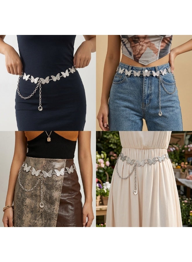 Silver Butterfly Chain Belt for Women, Adjustable One Size Butterfly Waist Chain, Women’s Silver Body Chain, Butterfly Link Belt, Silver Metal Belly Chain, Decorative Waist Belt for Dresses and Butterfly Link Waist Jewelry, Continuous Textured Embossed Butterfly Metal Links with Polished Gold Tone Finish, Lobster Claw Clasp, Open Oval Link Extender, Dangling Drape Chain and Circular Ring Charm, Waist and Hip Fashion Accessory for High or Low Waist Styling over Dresses, Bodycon Outfits, Skirts, Pants, Blouses and Swim Cover Ups, Evening Wear, Parties, Festivals, Beachwear, Vacations, Casual Fashion and Photoshoots, 1 Piece - Image 4
