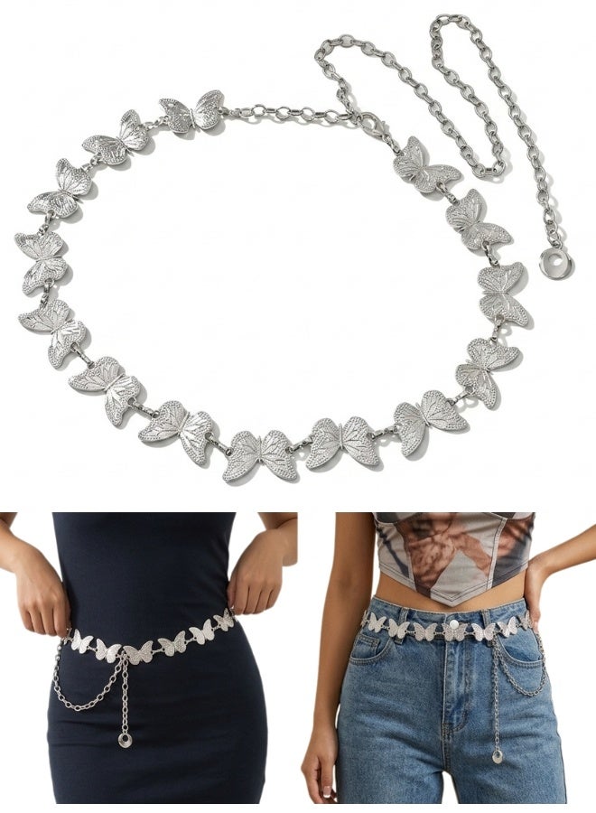 Silver Butterfly Chain Belt for Women, Adjustable One Size Butterfly Waist Chain, Women’s Silver Body Chain, Butterfly Link Belt, Silver Metal Belly Chain, Decorative Waist Belt for Dresses and Butterfly Link Waist Jewelry, Continuous Textured Embossed Butterfly Metal Links with Polished Gold Tone Finish, Lobster Claw Clasp, Open Oval Link Extender, Dangling Drape Chain and Circular Ring Charm, Waist and Hip Fashion Accessory for High or Low Waist Styling over Dresses, Bodycon Outfits, Skirts, Pants, Blouses and Swim Cover Ups, Evening Wear, Parties, Festivals, Beachwear, Vacations, Casual Fashion and Photoshoots, 1 Piece - Image 1