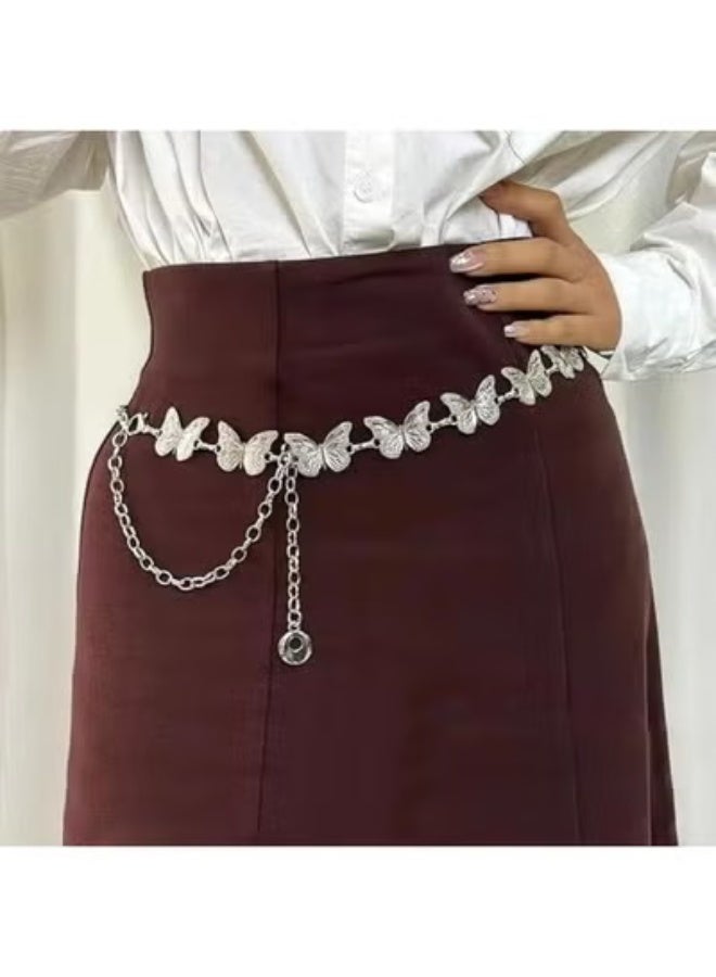 Silver Butterfly Chain Belt for Women, Adjustable One Size Butterfly Waist Chain, Women’s Silver Body Chain, Butterfly Link Belt, Silver Metal Belly Chain, Decorative Waist Belt for Dresses and Butterfly Link Waist Jewelry, Continuous Textured Embossed Butterfly Metal Links with Polished Gold Tone Finish, Lobster Claw Clasp, Open Oval Link Extender, Dangling Drape Chain and Circular Ring Charm, Waist and Hip Fashion Accessory for High or Low Waist Styling over Dresses, Bodycon Outfits, Skirts, Pants, Blouses and Swim Cover Ups, Evening Wear, Parties, Festivals, Beachwear, Vacations, Casual Fashion and Photoshoots, 1 Piece - Image 3
