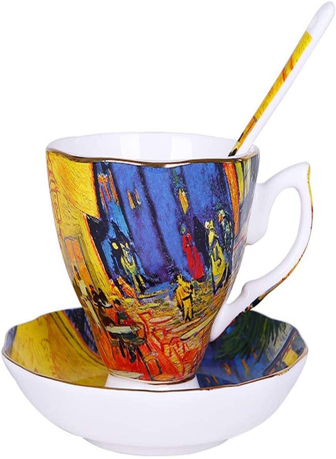 Eplze YBK Tech Bone China Cup and Saucer Set, 7oz Tea Cup - Design Inspired by Van Gogh's Paintings (Night café) - Image 1