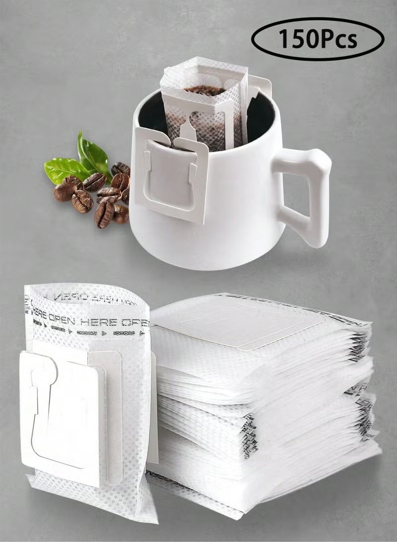 150 قطعة حقيبة فلتر قهوة ورقية بتصميم أذن معلقة، فلتر قهوة ورقي للاستخدام مرة واحدة، متوافق مع مختلف أكواب/أدوات القهوة، مناسب للسفر، التخييم، المنزل، المدرسة، المكتب - Image 1