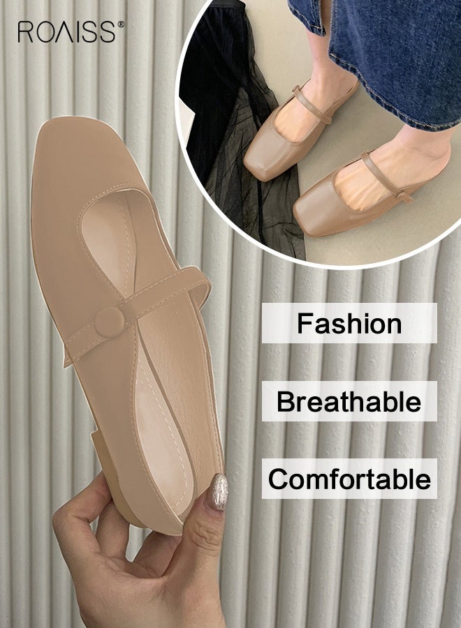 رويس صنادل مسطحة نسائية بتصميم عصري ومتعدد الاستخدامات مع حلقة أصابع القدم، سهلة الارتداء مع مشبك حزام واحد، كلاسيكية وخالدة، صنادل مسطحة نسائية باللون البني - Image 3