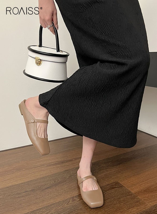 رويس صنادل مسطحة نسائية بتصميم عصري ومتعدد الاستخدامات مع حلقة أصابع القدم، سهلة الارتداء مع مشبك حزام واحد، كلاسيكية وخالدة، صنادل مسطحة نسائية باللون البني - Image 1