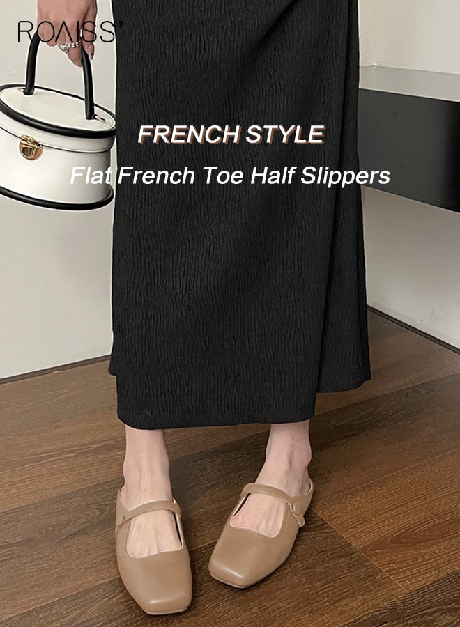 رويس صنادل مسطحة نسائية بتصميم عصري ومتعدد الاستخدامات مع حلقة أصابع القدم، سهلة الارتداء مع مشبك حزام واحد، كلاسيكية وخالدة، صنادل مسطحة نسائية باللون البني - Image 2